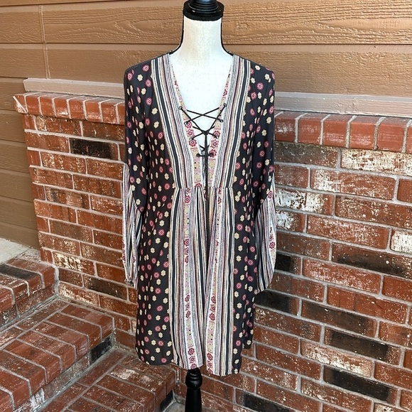 Free People Rain or Shine Printed Lace-Up Swing Dress Women's Size Small - Picture 1 of 10